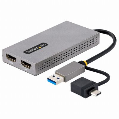 StarTech.com USB naar HDMI Adapter, USB 3.0 naar Dual HDMI Converter, USB A/C naar 2x HDMI Schermen (1x 4K30Hz, 1x 1080p), Geïntegreerde USB-A naar C Dongle, 11cm Kabel, Windows & macOS